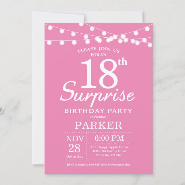 Surpresa: 18º Convite de Aniversário, rosa (Frente)