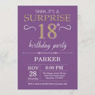 Surpresa 18º Convite de Aniversário Roxo e Dourado