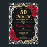 Surpresa 50º aniversário - Dourado Convite Vermelh<br><div class="desc">Surpreenda 50º Convite de Aniversário. Preto feminino,  design vermelho com ouro brilhante falso. Apresenta cor damasco,  rosa vermelha,  fonte de script e confetti. Perfeito para uma bolsa mensageifesta de aniversario elegante. Pode ser personalizado para mostrar qualquer idade. Envie-me uma mensagem se precisar de mais personalização.</div>