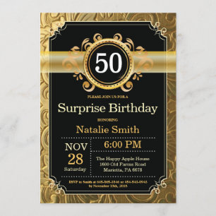 Surpresa 50º Convite de Aniversário Preto e Dourad