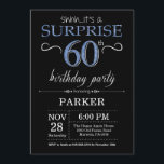 Surpresa 60º Aniversário Convite Preto e Azul<br><div class="desc">Surpreenda 60º Convite de Aniversário com Fundo de Brilho Negro e Azul. Chalkboard. Aniversário Adulto. Homens ou Mulheres no Dia Convidam. Qualquer idade. Para mais personalização,  clique no botão "Personalizar" e use nossa ferramenta de design para modificar este modelo.</div>