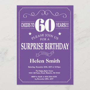 Surpresa 60.º Convite de Aniversário Roxo e Branco