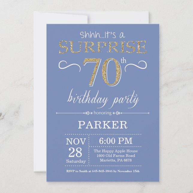 Surpresa 70 de Aniversário Convite Azul e Dourado (Frente)