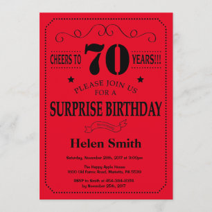 Surpresa 70 de Aniversário Convite Preto e Vermelh