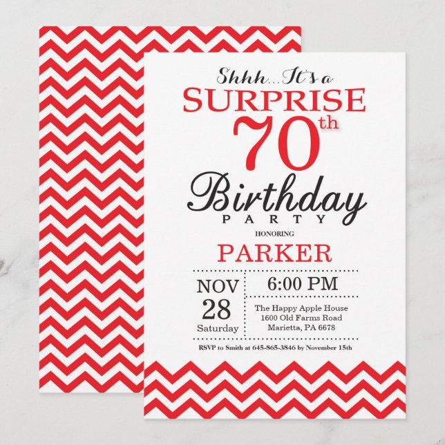 Surpresa 70 de Aniversário Convite Red Chevron (Frente/Verso)