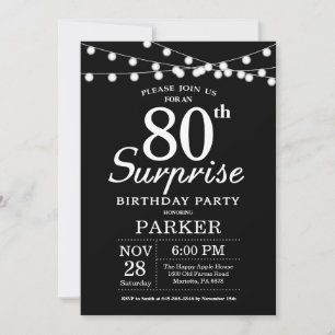 Surpresa 80 de Aniversário Convite Preto e Branco