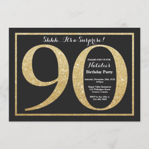 Surpresa 90 de Aniversário Convite Dourado Glitter