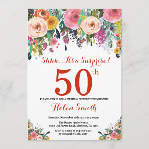 Surpresa Floral 50º Convite de Aniversário Vermelh