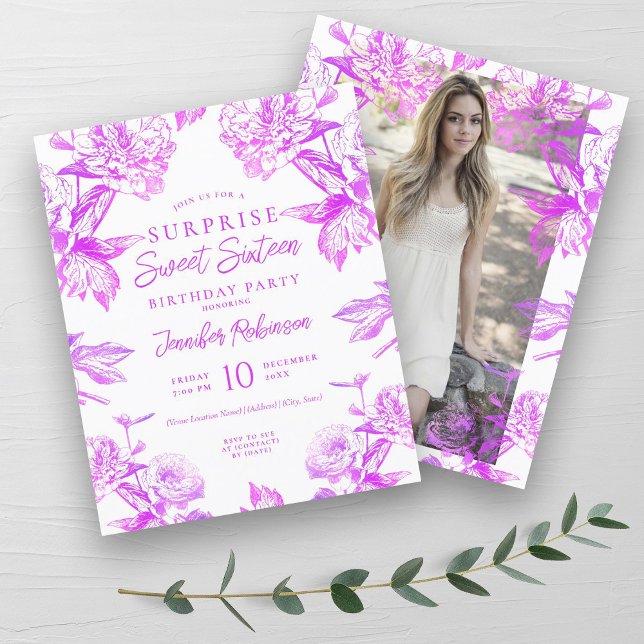 SURPRESA Floral Rosa Quente de Orçamento Doce 16 C (Budget Hot Pink Floral SURPRISE Sweet 16 Invite)