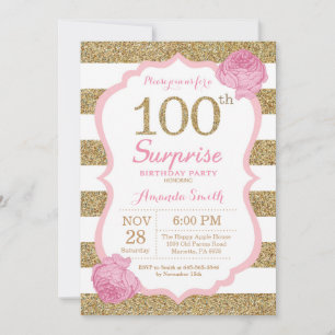 Surpresa rosa e Dourada 100º Convite de Aniversári