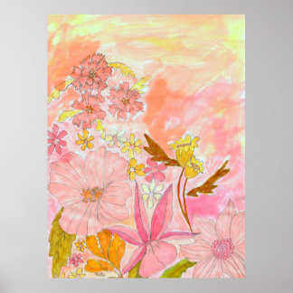 Surreal Garden Floral Pastel Ink Art Impressão