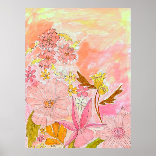 Surreal Garden Floral Pastel Ink Art Impressão (Frente)