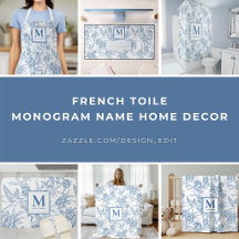 Blue Toile Floral Pattern Monogram Name Home Decor