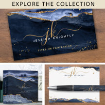 Elegant Blue Agate Gold Script Monogram Initials