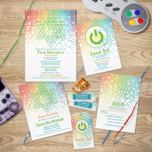 Rainbow Pixels Video Game Gamer Bar Mitzvah Invite
