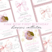 Pink Bow First Birthday Invitations