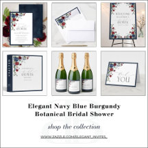 Elegant Navy Blue Burgundy Botanical Bridal Shower
