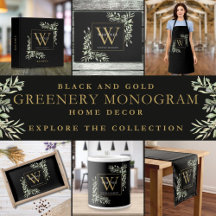 Black And Gold Greenery Monogram Home Decor Suite