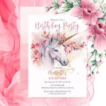 Mystical Unicorn Pink Floral Girl's Birthday Party