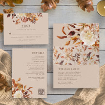 Taupe Terracotta Fall Leaves Floral Wedding Invite