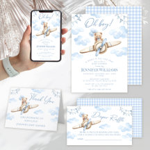 Blue Teddy Bear on Airplane Baby Boy Shower