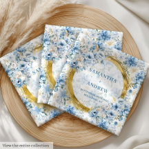 Boho Dusty Blue Flowers Gold Cloth Napkins 192W