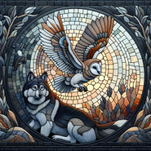 Owl and Wolf in front of a Full Moon Mosaic Ai Art