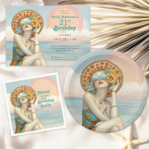 Retro Beach Glam Stylish Woman 21st Birthday Party