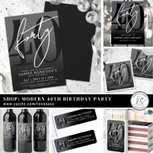 Simple Modern Black White 40th Birthday Party