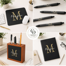 Modern Monogram Name Black Gold - Office / School