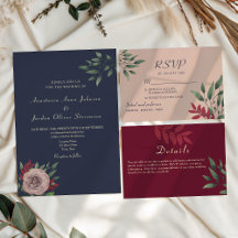 Rustic Navy Burgundy Fall Wedding Invitation Suite