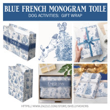 Blue French Toile Pattern Monogram Name Gift Wrap
