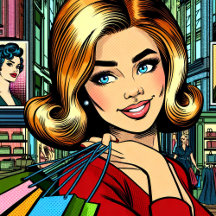 Pretty Comic Pop Art 1950's Retro Lady Shopping