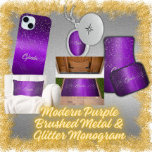 Modern Purple Brushed Metal & Glitter Monogram