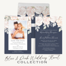 Wedding Watercolor Blush Botanical Rose Slate Blue