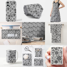 Black Gray White Retro Floral Art Seamless Pattern