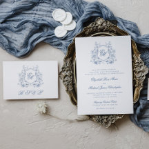Blue Floral Crest Monogram Elegant Wedding
