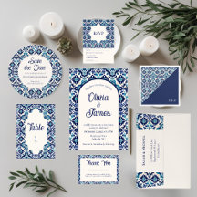 Elegant Blue Mediterranean Tile Wedding Stationery