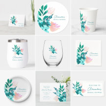 Teal Blush Watercolor Floral Bridal Shower Suite