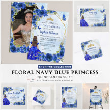 Floral Navy Blue Gold Princess Quinceanera 04a