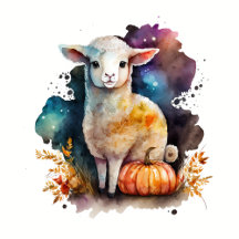 Halloween Watercolor Lamb and Pumpkin