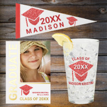 Grad Glam Red And White Graduation Faux Glitter