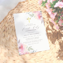 Watercolor Floral Gold Cross First Holy Communion 