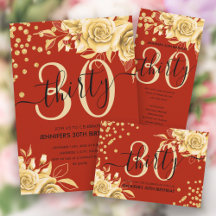 Elegant Gold Red Floral Glitter 30th Birthday Set