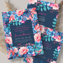 Bright Watercolor Floral 60th Birthday Set Navy