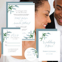Watercolor Blue Green Leaves Wedding Collection