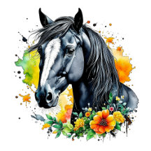 Black Horse and Yellow Flowers