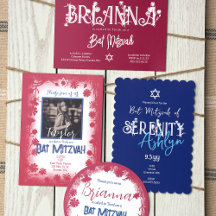 Boho Blue Mauve, Bold Type Bat Mitzvah Invitations