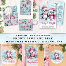 Snowy Blue and Pink Christmas with Cute Penguins