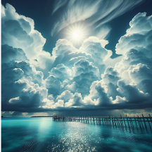 Beautiful Ocean View with a Dock and Fluffy Clouds